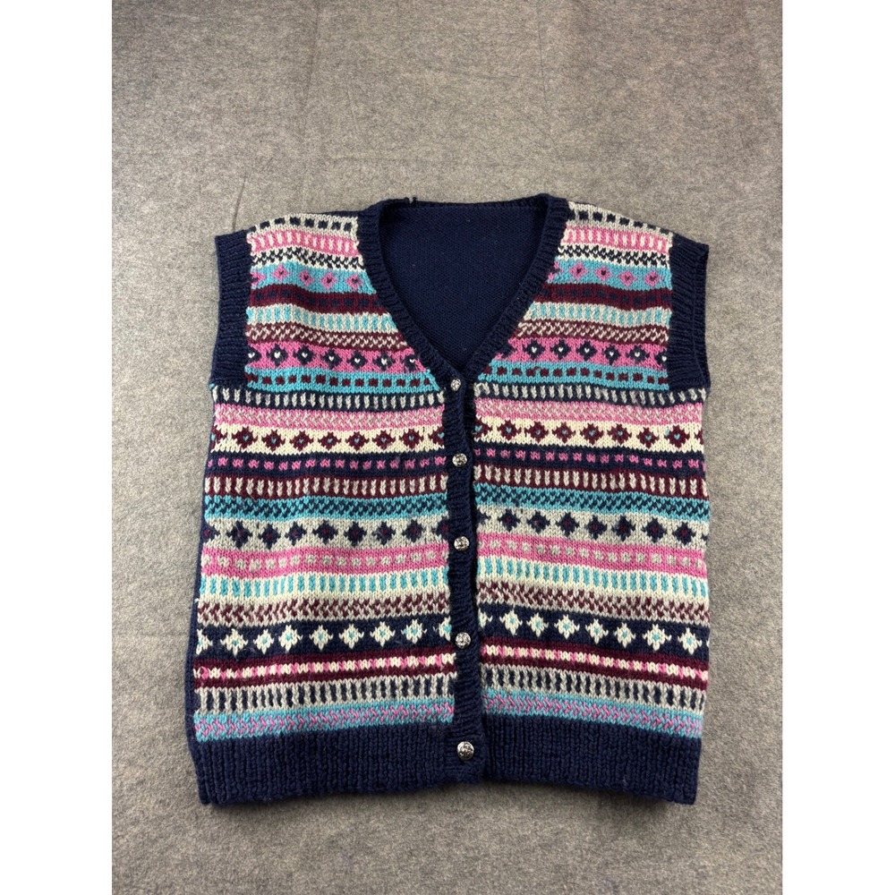 VTG Handmade Fair Isle Knit Sweater Vest Navy Blue Pink V-Neck Cardigan Size M